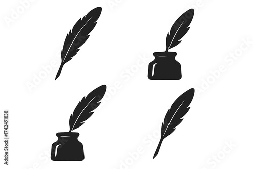 Ink quill icon set. Simple feather pen and inkwell silhouette. Concept for writing, literature, history, law, poetry. Symbol for author, writer, notary. Classic vintage letter.