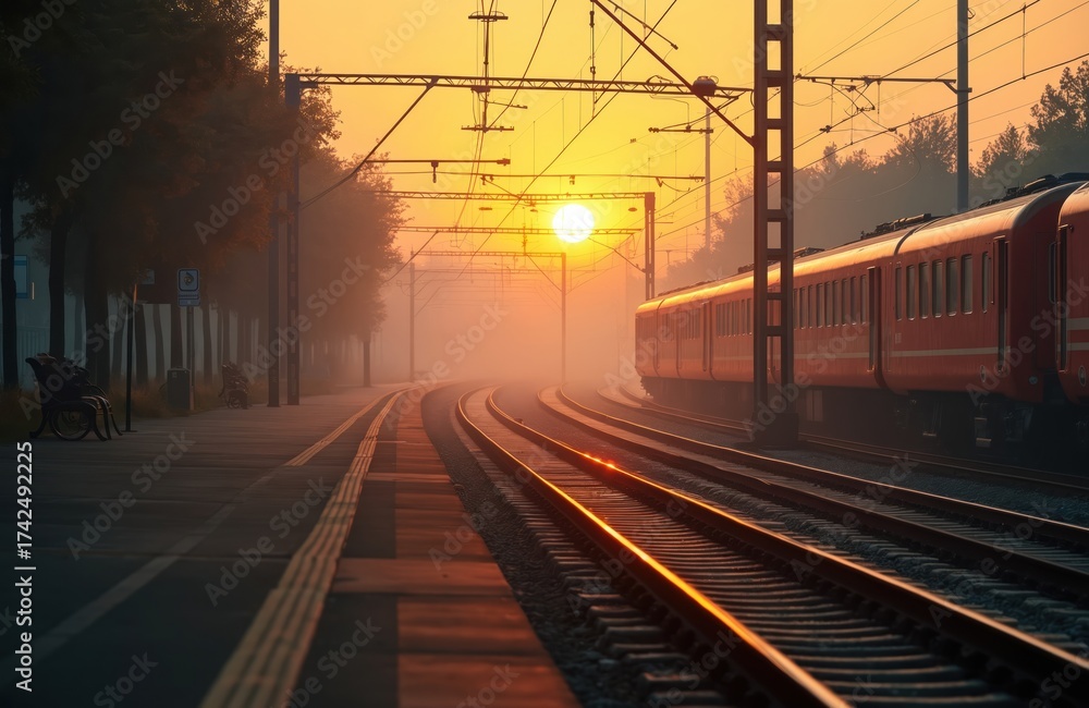 Fototapeta premium Golden morning light illuminates railway station platform. Red train arrives through mist at dawn. Early commuters wait for train journey at city station.