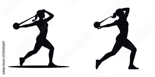 Silhouette of Female Athlete Performing Hammer Throw – Woman Track and Field Competitor in Action, Strength, Power, Sports Training, and Athletic Performance Illustration Isolated on White Background
