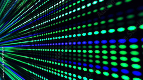 Digital flow. Light dynamics and pixel energy. The illustration shows a bright LED panel where bright multi-colored stripes create the effect of movement and energy. Vector illustration.