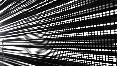Digital flow. Dynamics of light and energy of pixels. The illustration shows a bright LED panel, where black and white stripes create the effect of movement and energy. Vector illustration.