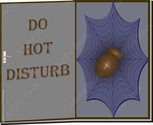 Open Door with Spider and Web, Do Not Disturb Sign. Vector illustration of an open door with a handle and a hanging sign that says "Do Not Disturb". Inside the doorway, a spider sits on a detailed web