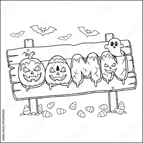 Halloween swear word coloring pages with groovy letters , Halloween black and white Halloween element coloring pages for adults.