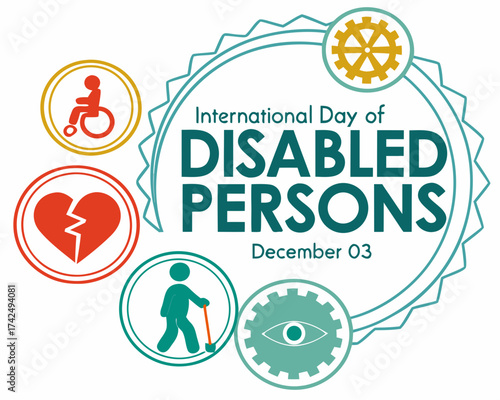 International Day of Disabled Persons Graphic with Wheelchair Broken Heart Walking Stick and Eye Gear Symbols