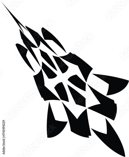 an abstract black and white pattern that could be used as a design element or an icon. It resembles a stylized representation of a fighter jet or a similar dynamic object. 