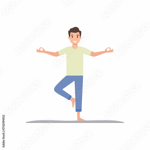 Young man practicing yoga in a balancing tree pose for wellness and mindfulness