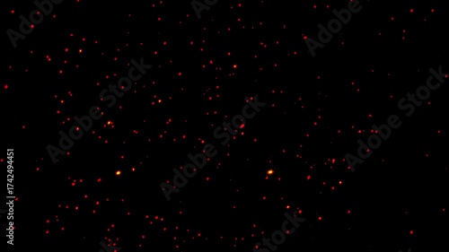 Bright sparks scattered across a dark background, like glowing embers in the night. Each particle glows a soft orange-red hue, creating a sense of movement and warmth. Fire particles floating in space