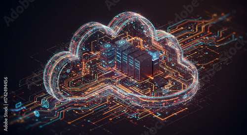 Modern cloud computing concept with glowing server racks and intricate circuit board design, offering secure data storage and powerful networking solutions