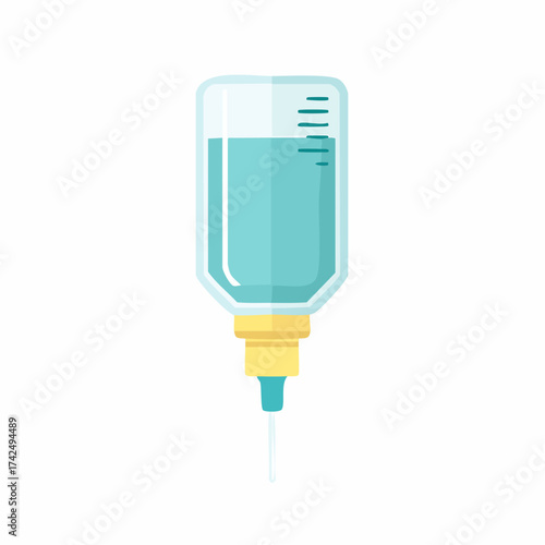 Illustration of an intravenous drip featuring a glass bottle with a blue fluid and yellow attachment