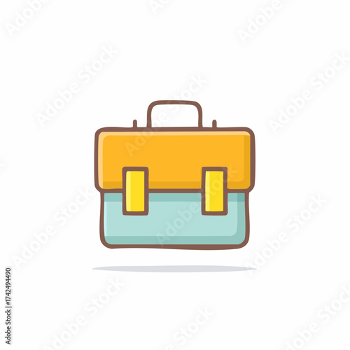 Stylized briefcase or satchel illustration in yellow and blue with a brown outline