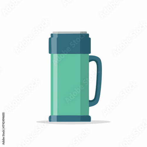 Turquoise and blue thermos flask with a handle for beverages