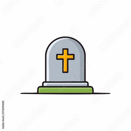 Cartoon depiction of a simple tombstone or grave marker with a Christian cross