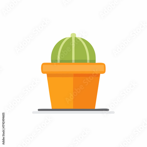 Minimalist flat vector illustration of a potted green cactus, showcasing its rounded form and orange pot on a white background