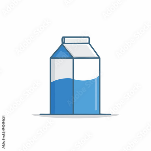 Minimalist flat design vector illustration of a beverage carton half full with refreshing blue liquid