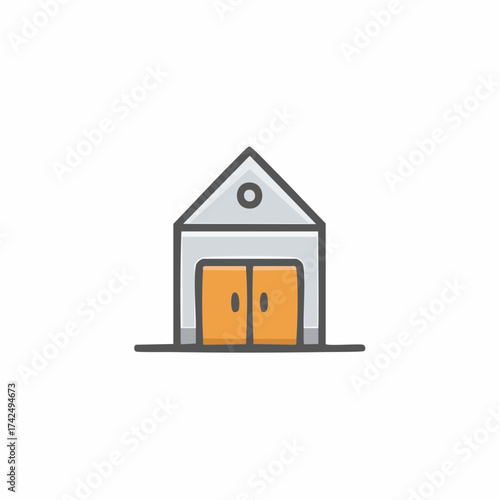 Simple illustration of a storage building with closed doors, featuring a minimalistic design and neutral color palette