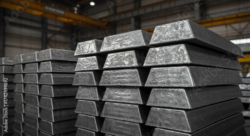 Stacks of gleaming silver bullion bars ready for secure storage in a refinery or vault, symbolizing wealth, industry, investment, and future prosperity