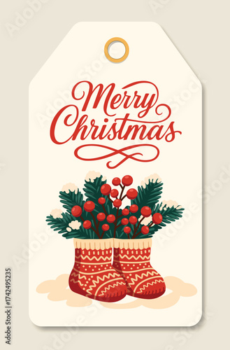Vector Christmas gift tag or price tag featuring Christmas stockings with fir branches, gingerbread cookies, and a candy cane. A festive label for winter gift wrapping, cards, merchandise, souvenirs