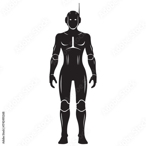 Futuristic Humanoid Robot Silhouette with Antenna Standing on White Background