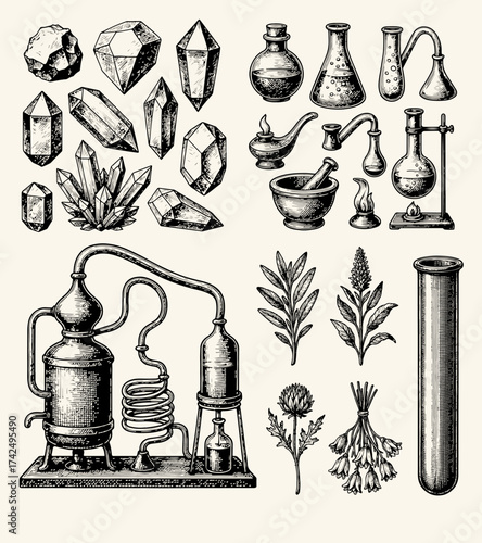 Vintage alchemy and apothecary etching with crystals, herbs, flasks, mortar and pestle, distillation equipment, and test tubes. Antique laboratory illustration in detailed engraving style