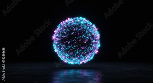 Stunning vibrant sphere of light with dynamic glowing particles on dark reflective surface for modern technology and design concepts creates magical atmosphere