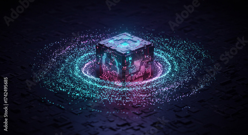 Stunning futuristic tech cube with vibrant neon lights and glowing particles, perfect for innovative projects and modern technology concepts