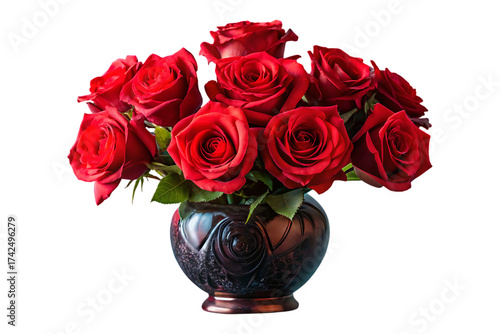 beautiful deep red roses in Bloom A Vibrant Spring Bouquet with big black marble ornate vase isolated on transparent background
