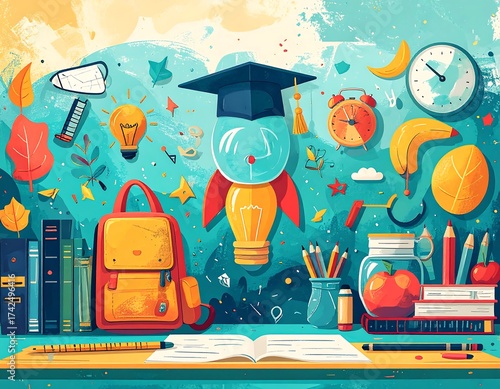 Educational abstract with various school supplies illustration
