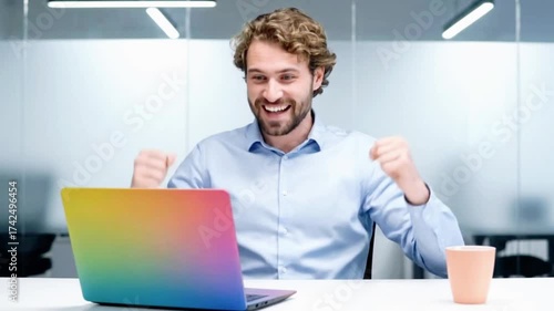 Excited businessman celebrating achievement with raised fists at colorful laptop in bright office, success concept, celebrating victory, winning at work