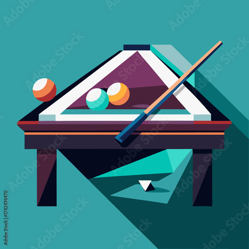 Geometric flat design vector illustration of a billiard table with balls and cue stick vector, illustration, scalable, eps, icon, billiard, pool, table, game, sport, recreation, leisure, cue, stick