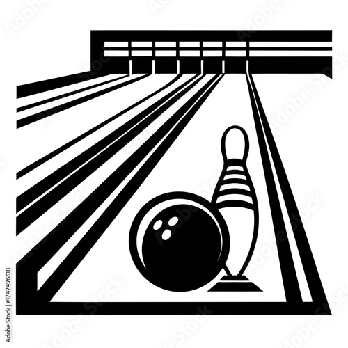 Stylized black and white vector drawing bowling ball and pin on scalable lanes vector, illustration, scalable, eps, icon, bowling, ball, pin, sports, game, alley, lane, strike, spare, competition