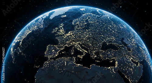 Stunning view of Earth at night showcases the vibrant city lights of Europe and Africa, ideal for technology, travel, and global business concepts