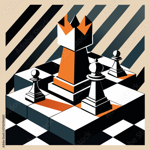 Geometric vector illustration of chess pieces and board with stylized stripes vector, illustration, chess, chessboard, geometric, strategy, game, pieces, king, pawn, queen