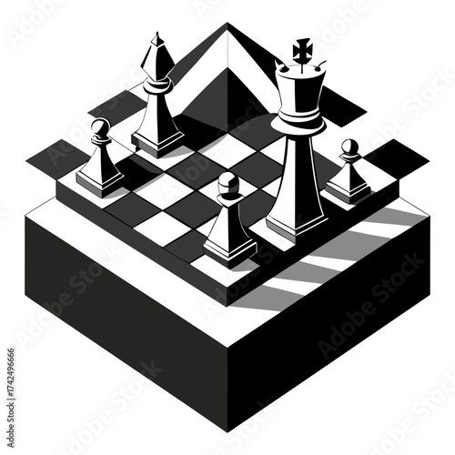 Geometric vector chess board illustration with king queen bishop pawns isometric view vector, illustration, chess, chessboard, isometric, game, strategy, pieces, king, queen, bishop