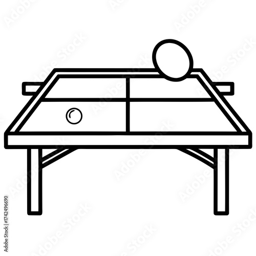 Minimalist vector outline illustration of a ping pong table with ball and paddle vector, illustration, scalable, eps, icon, ping, pong, table, tennis, sport, game, outline, minimalist