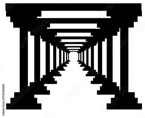 Geometric corridor with columns in perspective
 Black and white architectural tunnel illustration
Abstract hallway design with pillars