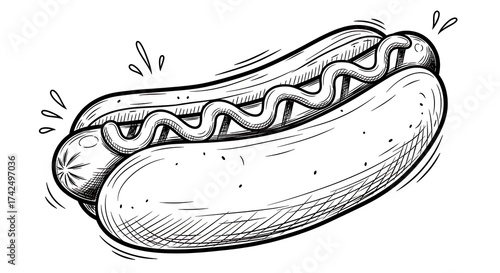 Black and White Illustration of Hot Dog with Mustard in Sketch Style