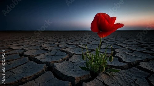  striking red poppy emerges from dry, cracked soil, representing resilience and remembrance, capturing the essence of hope and tribute in challenging environments