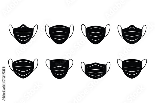 Set of eight scalable black silhouette illustrations of face masks vector eps icon collection silhouette vector illustration white background