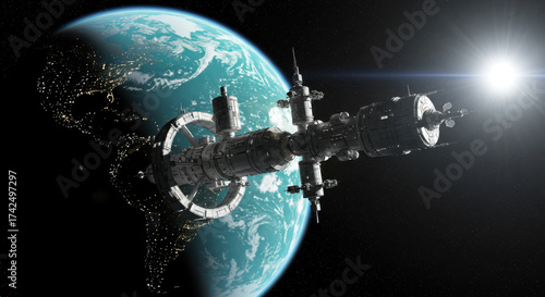 Fototapeta Naklejka Na Ścianę i Meble -  Futuristic space station orbits lush planet with bright sun shining
