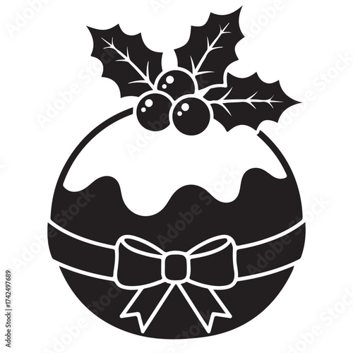 Festive Pudding Silhouette with Holly, Berries, and Decorative Bow