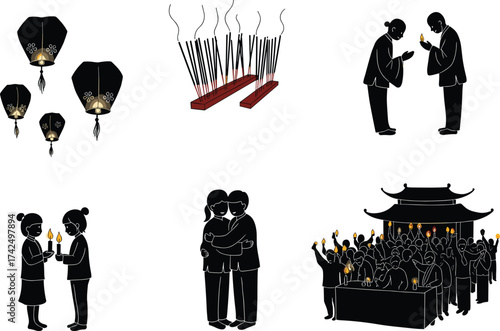 Asian cultural ceremony vector illustration with lanterns, incense, bowing, candle rituals, temple gathering, traditional celebration and symbolic gestures