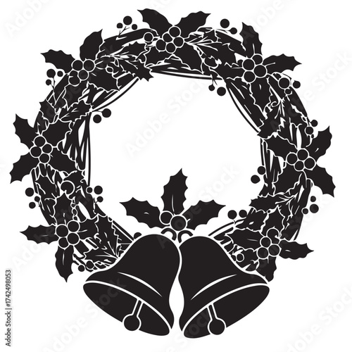 Christmas Wreath Silhouette with Holly Leaves, Berries, and Bells