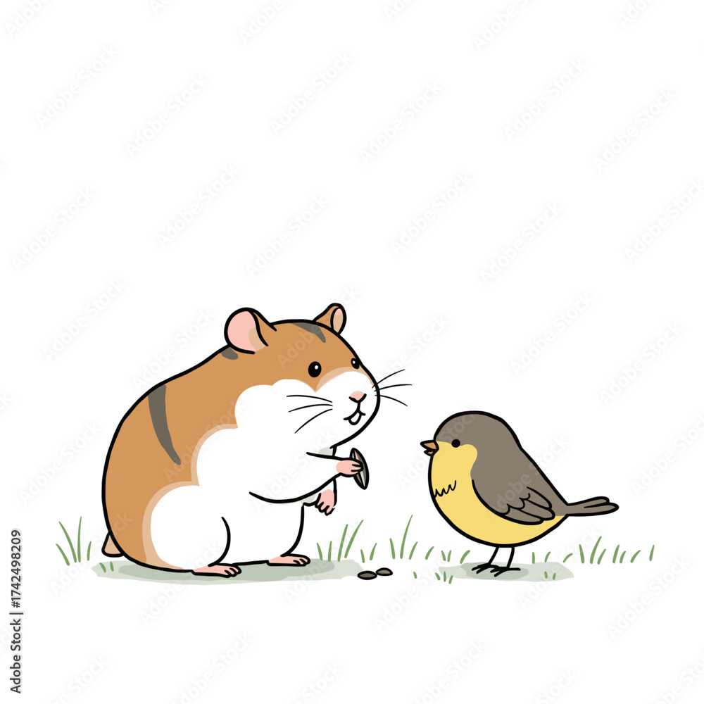 Fototapeta premium Hamster sharing seeds with a chick illustration for children's books and friendship-themed content