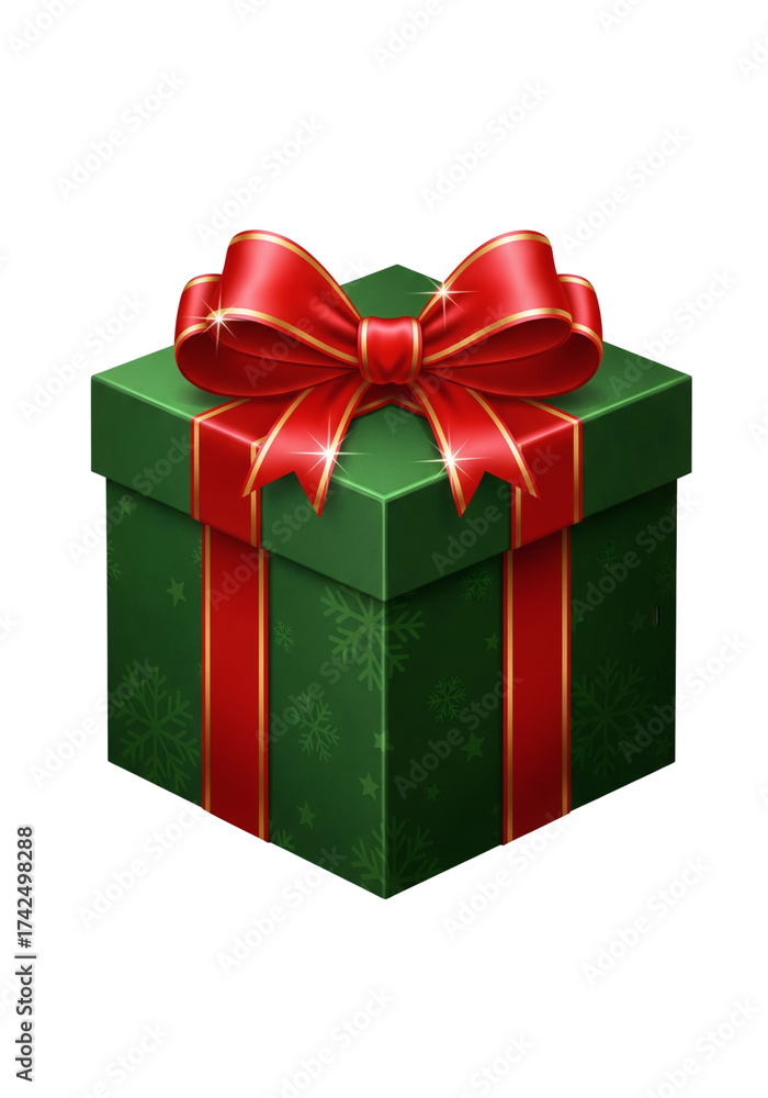 Fototapeta premium Festive Green Christmas Gift Box with Red Ribbon Bow Isolated on Transparent Background for Holiday Celebrations