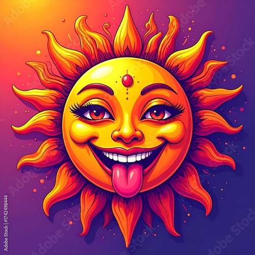 Bright smiling sun with vibrant colors and playful expression against a colorful background during a sunny day