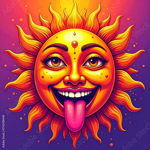 Bright and cheerful sun illustration with vibrant colors and a playful expression during a warm summer day