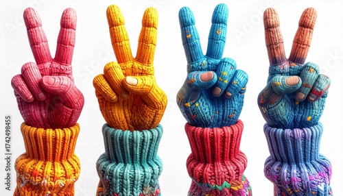 Hand gestures in colorful knitwear showing peace signs and friendship in a vibrant display