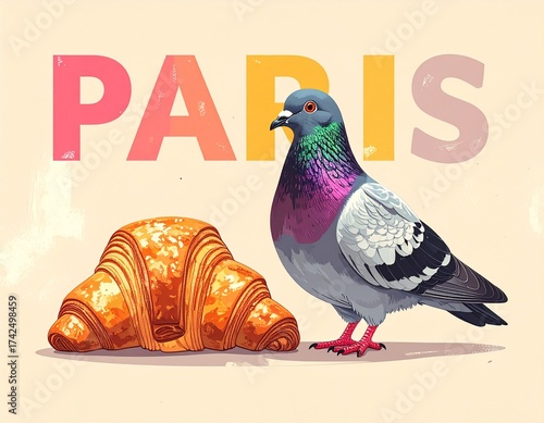 Colorful pigeon and fresh croissant in Paris showcasing local culinary culture with an artistic flair