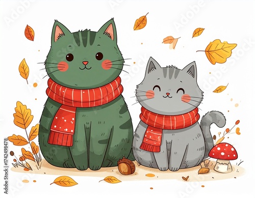 Cute cats with scarves play in a colorful autumn setting surrounded by falling leaves and mushrooms