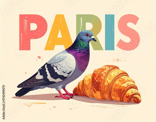 Colorful illustration of a pigeon and croissant in Paris setting, celebrating the city's culinary delights and urban wildlife